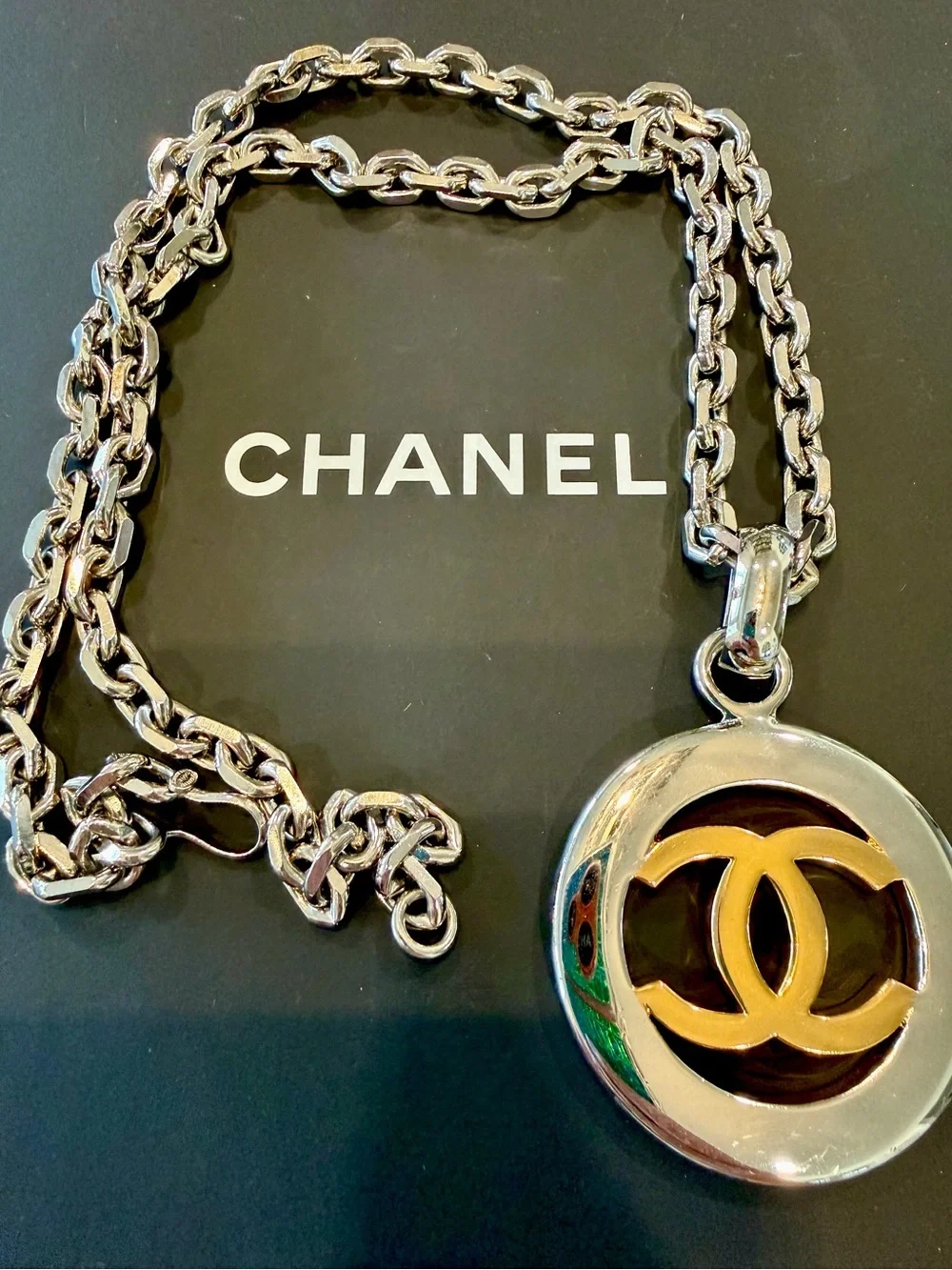 CHANEL Vintage Two-Tone CC Round Pendant Necklace - Silver & Gold
